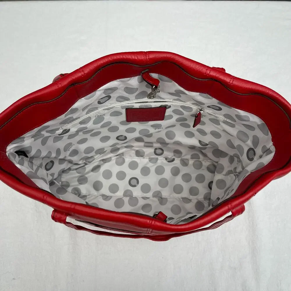 Coach Tote Purse Julia Op Art Perry Red Leather Handbag Large Logo READ Flaw